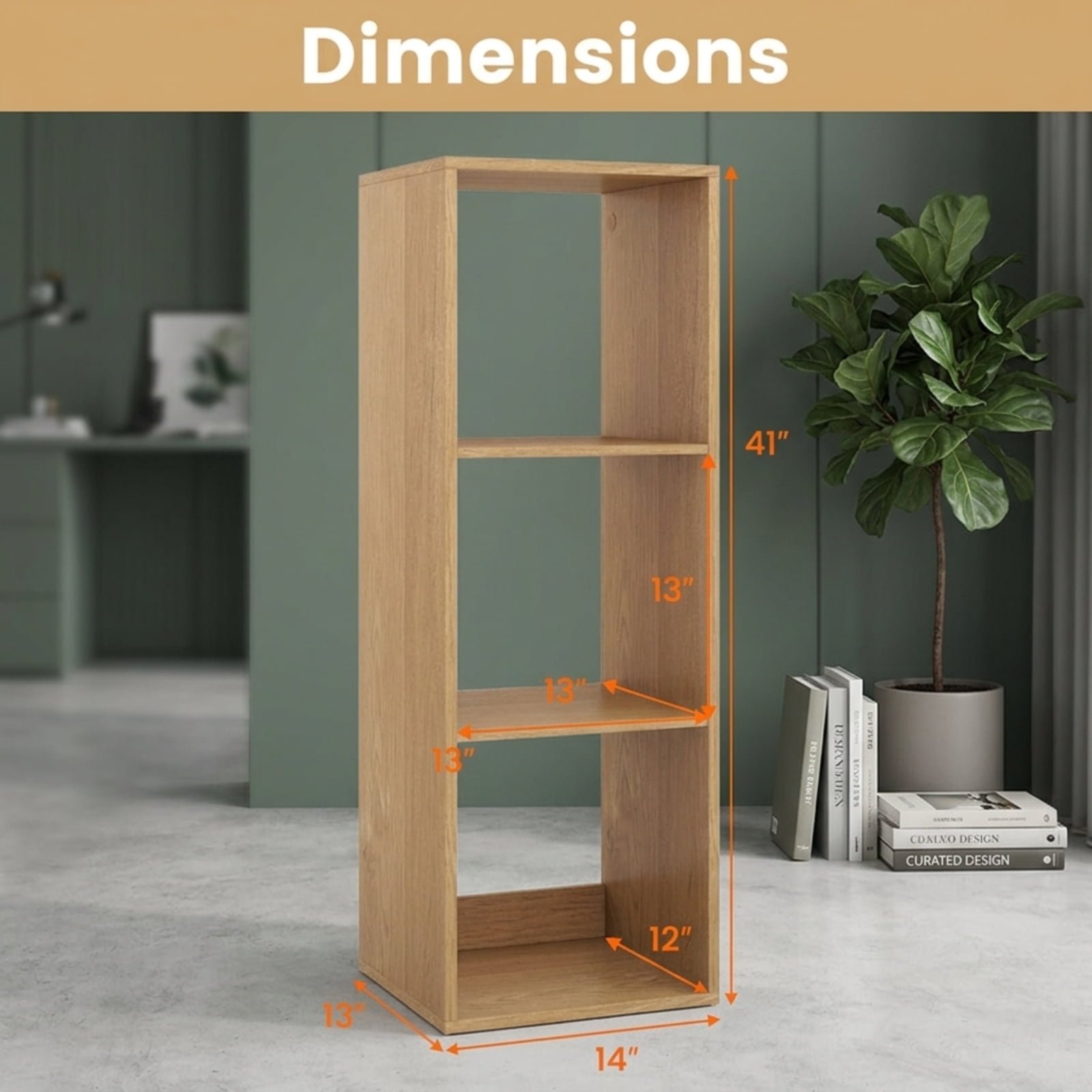 Furnibear 3-Cube Bookshelf with Back Guardrail Reinforced Crossbar and Anti-Tipping Kits for Living Room and Bedroom Books and Storage Boxes, Natural