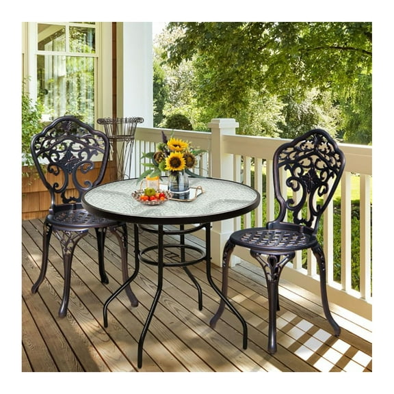 FASCK 32 Inch Patio Round Table with Tempered Glass Top & Umbrella Hole, Steel Frame Outdoor Dining Table for Garden/Balcony, Modern Circular Table for 4 People