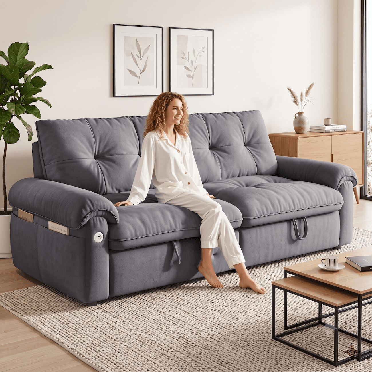 Xiweot Convertible Sleeper Sofa Bed, 77" Queen Size Pull Out Couch with Side Pocket, Adjustable Backrest & USB Ports, Comfy Velvet Loveseat for Living Room Apartment Small Space (Gray)