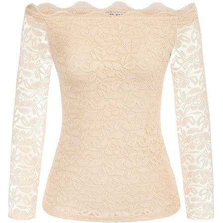 Asge Women's Off Shoulder Lace Top Sexy Floral Lace Blouse T-Shirt Long(07)