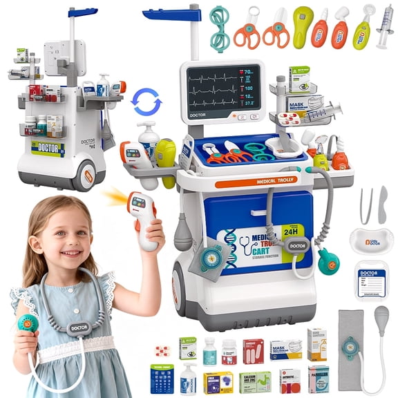 JoyStone Doctor Kit for Toddlers with Medical Cart, 32pcs Pretend Play Doctor Toys with Stethoscope & Thermometer, Role Play Gift for Kids Ages 3 (Blue)