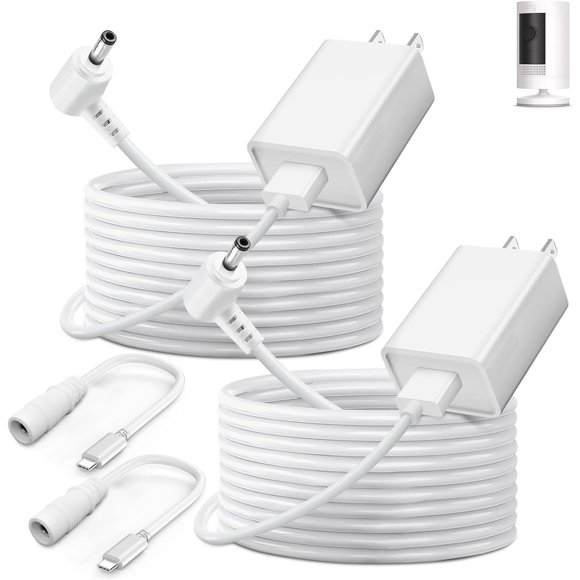 ERDS-2-Pack Power Adapter Charger Cable Compatible with Ring Stick Up Cam Battery/Plug-in 3rd Gen/2nd Gen & Ring Pan Tilt Stick Up Camera, Indoor/Outdoor Weatherproof Power Cord (4m/13.1ft) White