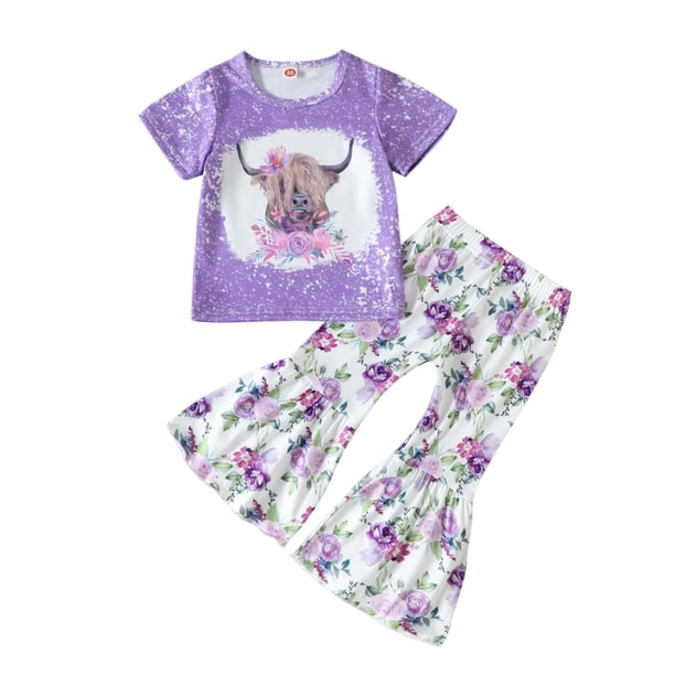 Conjunto De Pantalones Acampanados Pantalones acampanados Trajes Niñas Flor morada Estampado de vaca Primavera Verano (Púrpura 4T) Cgtredaw Para estrenar