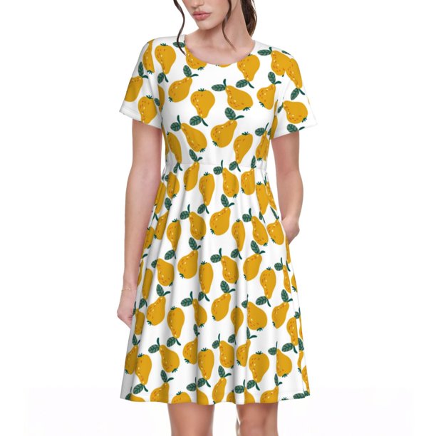Fotbe Yellow Pears Vestido Largo de Moda para Mujer, Vestido Tipo Camiseta con Manga Corta y Estilo Casual a Rayas y Bloques de Color