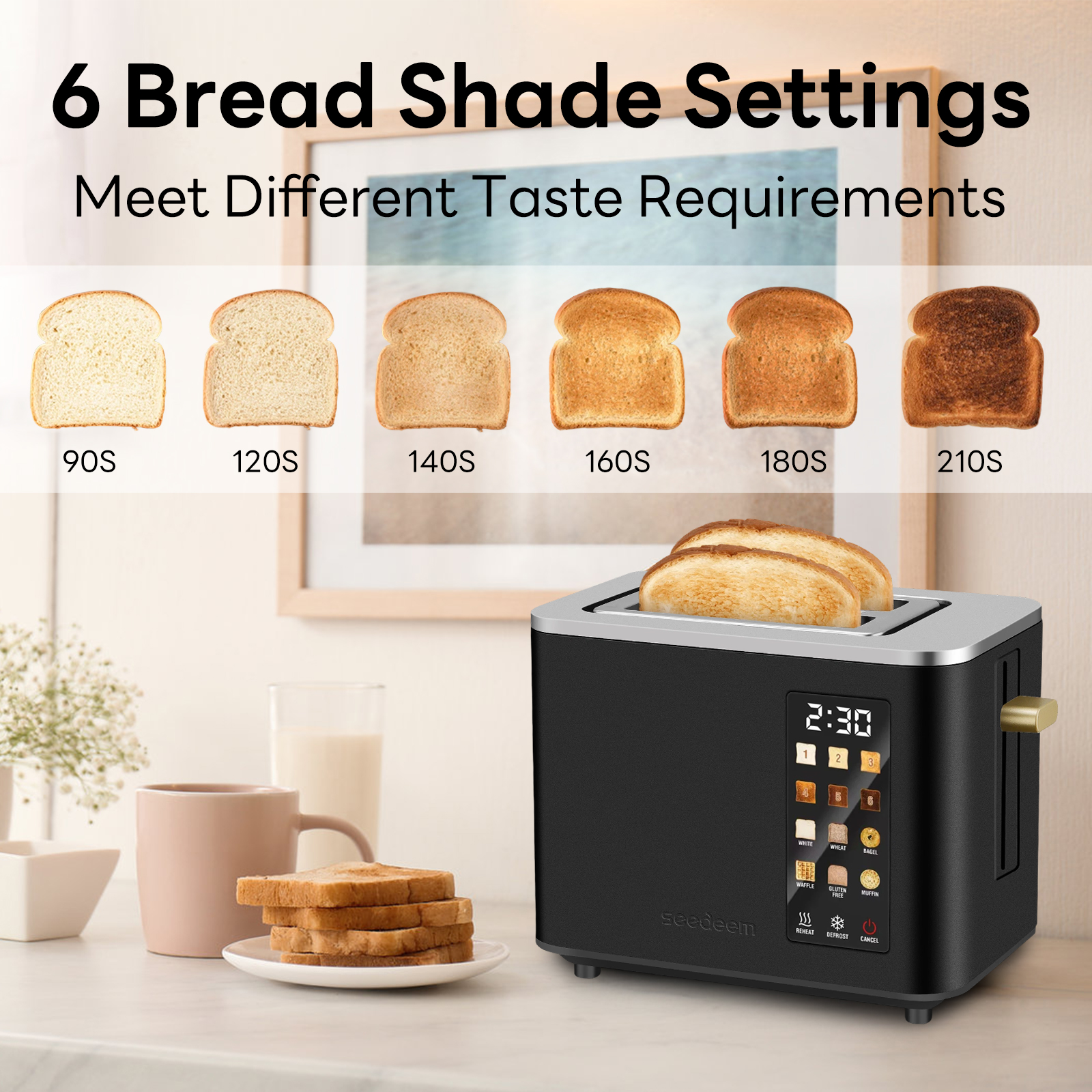 2 Slice-Toaster,Touch Control LCD Screen,6 Shade Setting & Bread Selection,Removable Crumb Tray,Stainless Steel,900W,Black