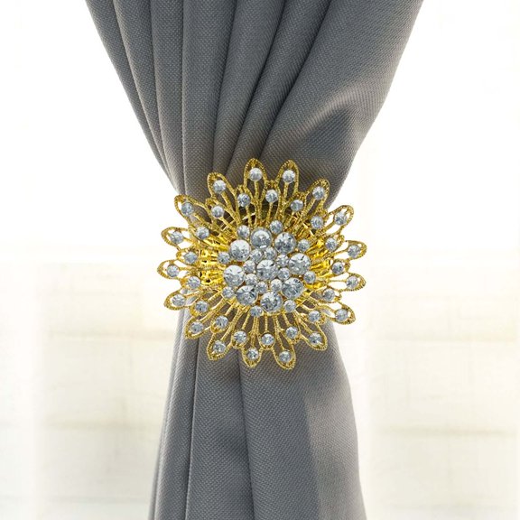 Efavormart 2 Pack | 4" Gold Crystal Flower Magnetic Backdrop Curtain Tie Backs, Metallic Window Drapery Panel Buckle Clips