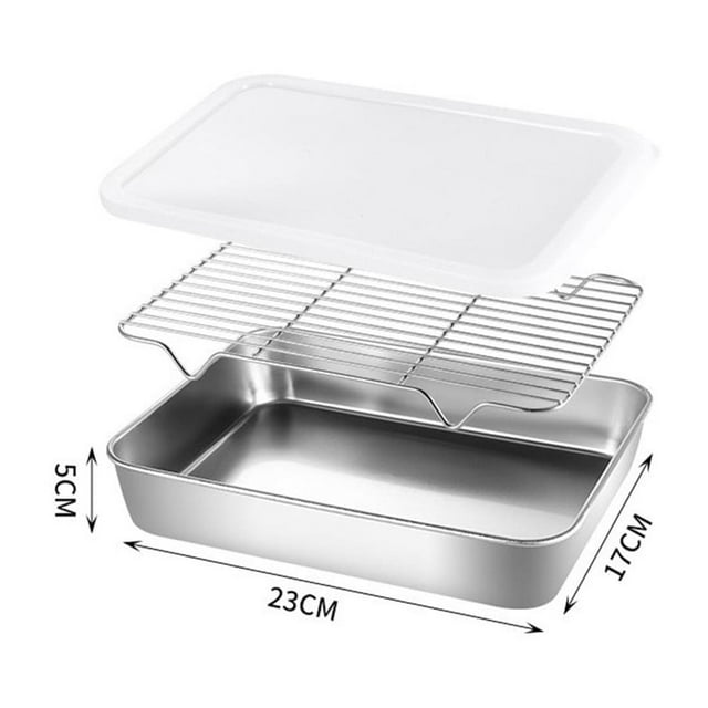 BUYISI Stainless Steel Baking Pan Tray With Cooling Rack Cover Set Cake Baking BBQ Pan Tray Plate Cooking Roasting Grilling Tool 23x17x5cm