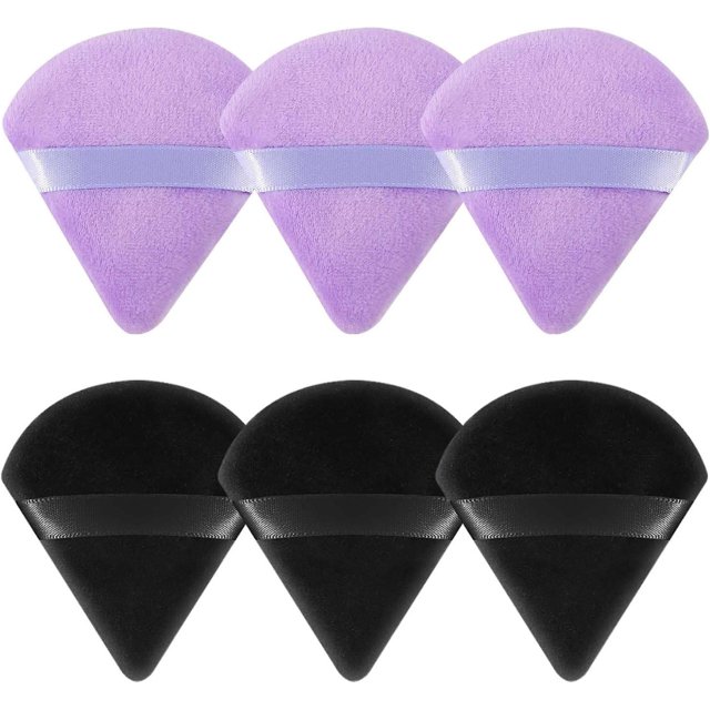 Paquete de 6 esponjas de maquillaje (negro, morado) triangular en polvo lavable de algodón cosmético seco con correa para caras, mujeres y niñas, maquillaje en polvo suelto