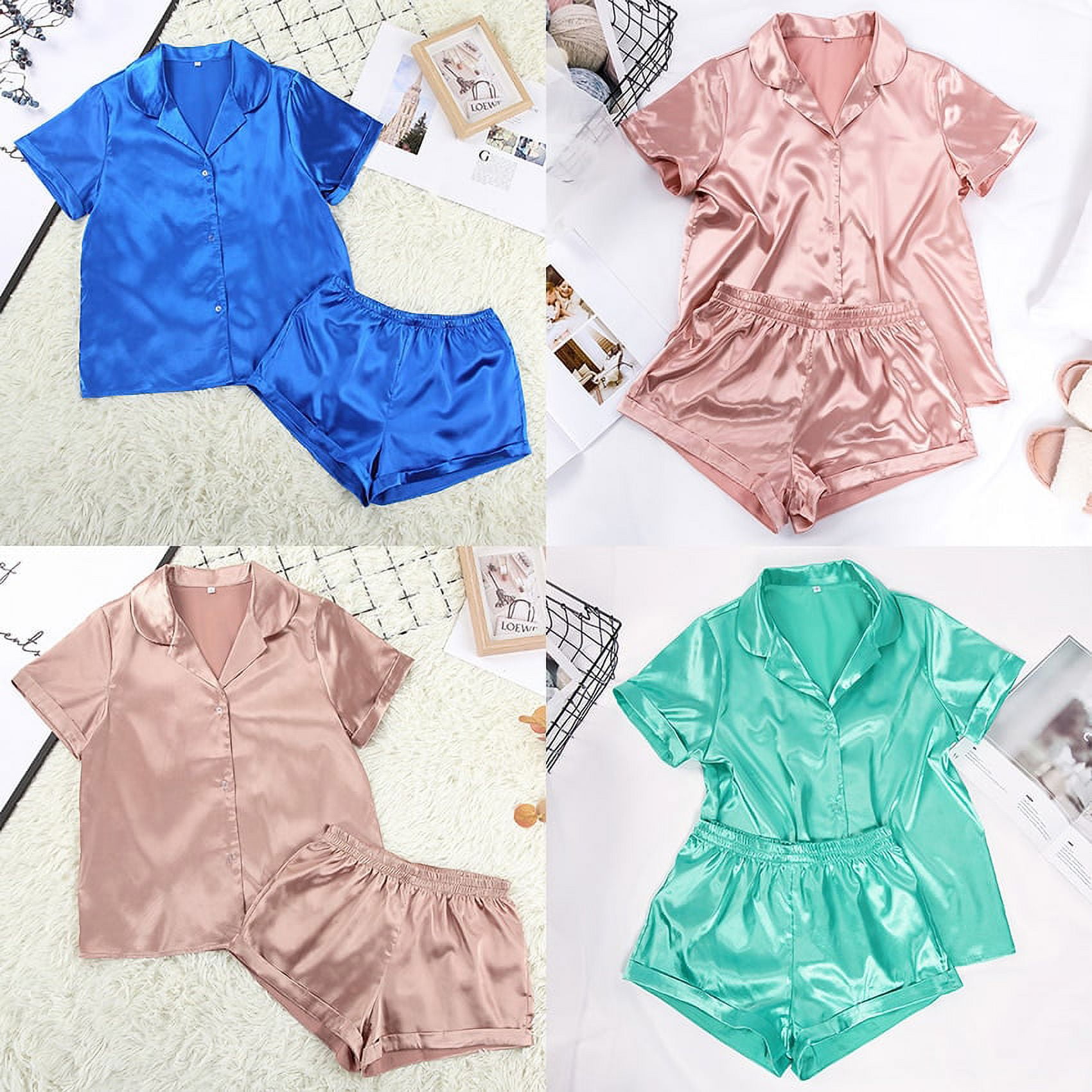 DanceeMangoo Solid Satin Sleepwear Silk Pajamas Set Top And Shorts