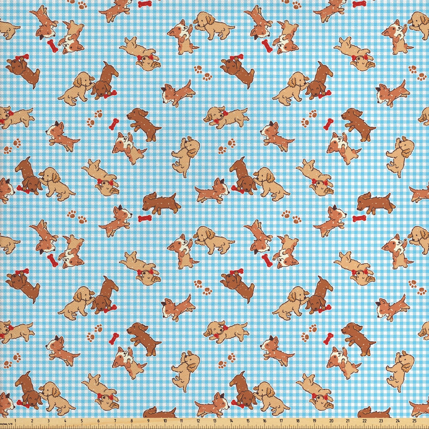 Dog Fabric by The Yard, Checkered Square Pattern Background Playful