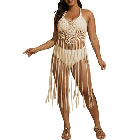 Women s Swimwears Cover-Ups Border And Plus Size Sequin Splicing Pure Hand Hook Suspender Skirt Vacation Long Tassel Bikini Cover Up Lady Casual Beachwear
