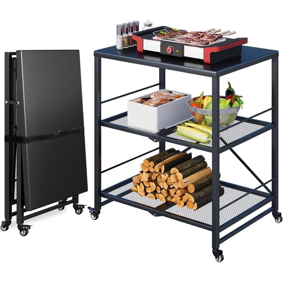 ZOPan Outdoor Grill Table, 3-Tier Pizza Oven Stand Carbon Steel BBQ Prep Table, Black