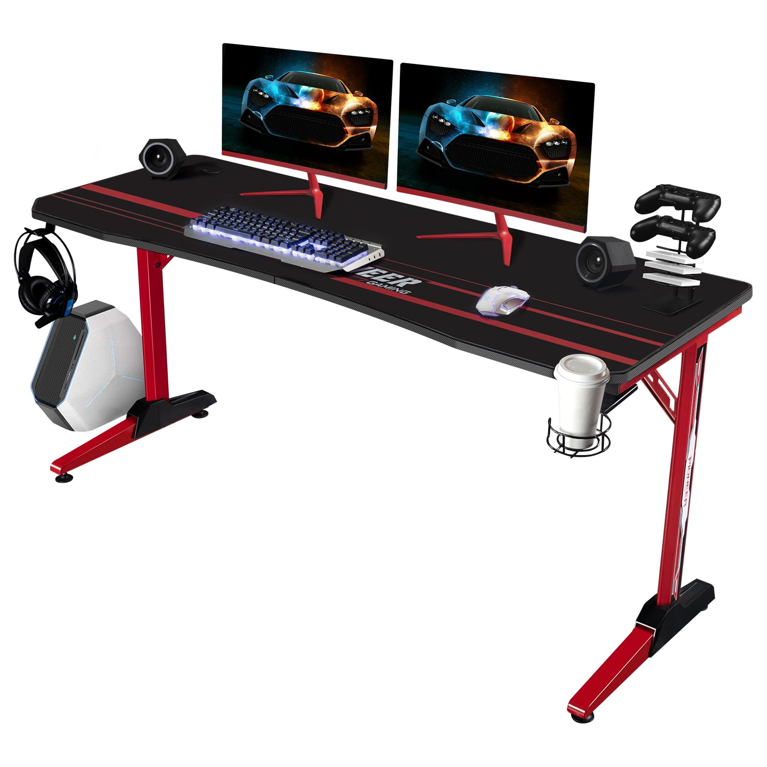 VINEEGO 63 inch Gaming Desk TShaped Legs Carbon Fiber Surface PC