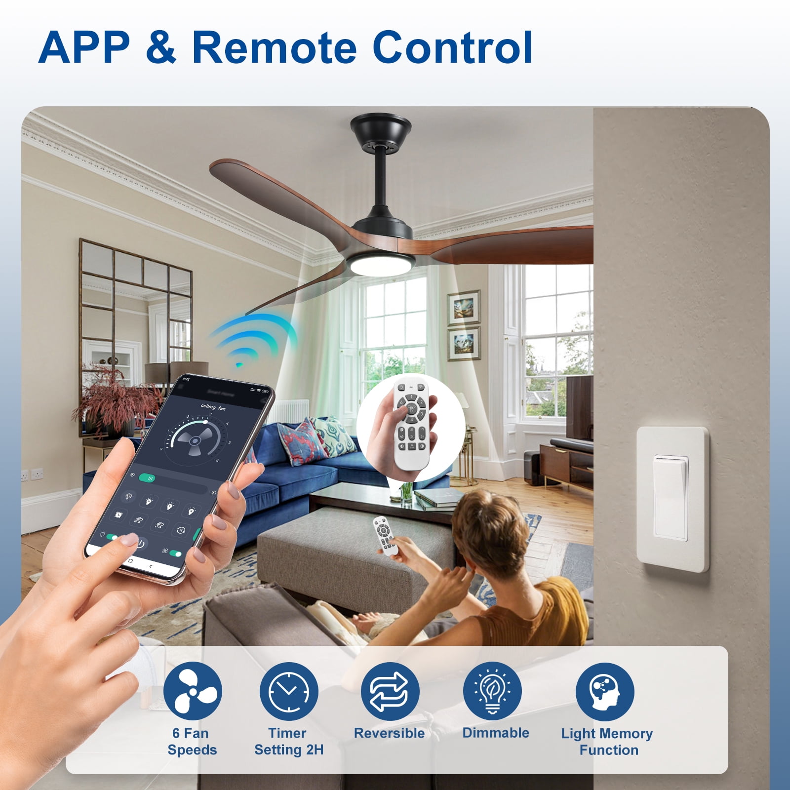 42-Inch Walnut Ceiling Fan with Light: Indoor/Outdoor Use Hanging Fan, Remote & APP Control, High Efficiency with Quiet DC Motor, Timer Function