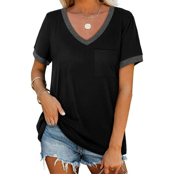 QLEICOM Womens Plus Size Tunic Tops Summer Short Sleeve V Neck Loose Casual Tee Shirt, Fashion Patchwork Basic Tanks with Packets, Tops, Tees & Blouses for Women S-2XL