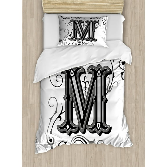 Letter M Duvet Cover Set Twin Size, Abstract Ornamental Design in Dark Color Scheme Swirls and Lines Eastern, Decorative 2 Piece Bedding Set with 1 Pillow Sham, Black Grey White, by Ambesonne