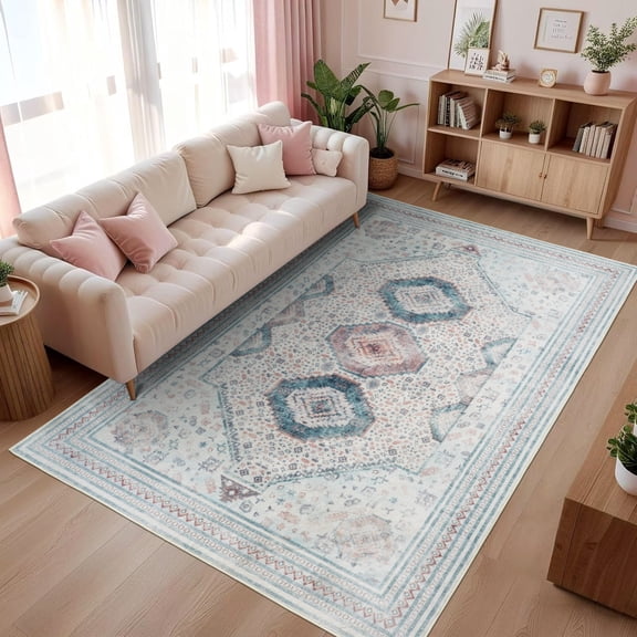 Wondo 6x9 Area Rugs for Living Room, Washable Area Rug, Rugs for Bedroom, Kitchen Rugs, Vintage Boho Carpet, Soft Non-Slip, Low Pile Large Area Rug for Office Dining Room, Beige