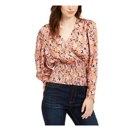 Leyden Womens Surplice Smocked Peplum Top Orange L