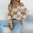 thumbnail image 4 of Qetyuw Womens Checkered Sweater Plaid Knit Off Shoulder Crew Neck Pullover Jumper Casual Long Sleeve Chunky Sweaters, 4 of 9