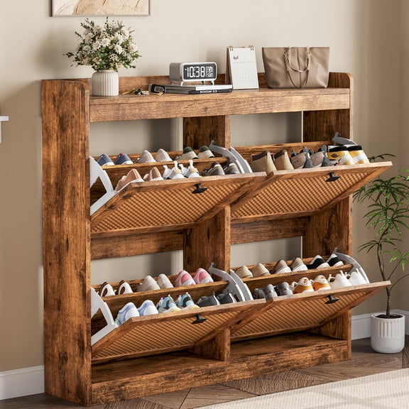 Accreate Shoe Cabinet with 4 Deep Flip Drawers, Base Freestanding Wooden Shoe Storage Cabinet with Rattan Door & 3-Tier Adjustable Shelves,Shoe Organizer for Entryway,Hidden Shoe Rack for Hallway