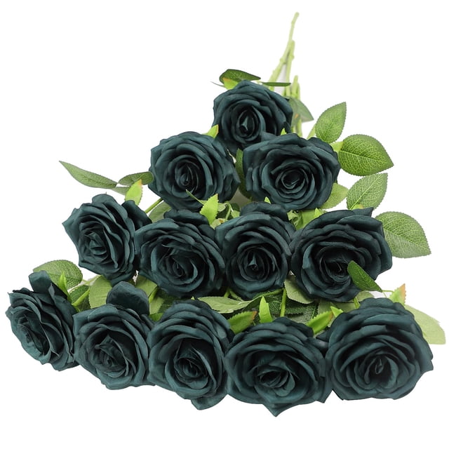 Lvefit 12 Rosas Artificiales De Color Verde Oscuro, Rosa Verde Esmeralda Con Tallo Largo, Ramo De Rosas De Seda Para Boda, Despedida De Soltera, Fiesta, Decoración Del Hogar