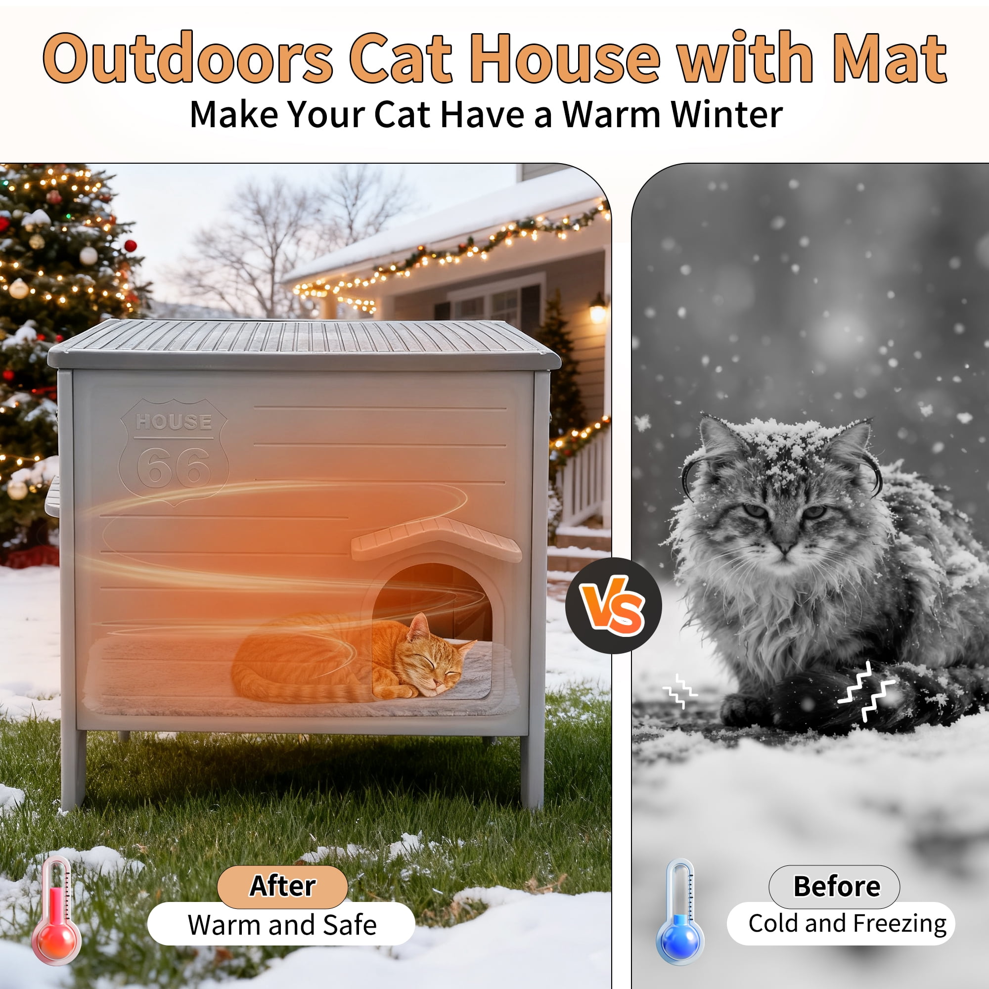 Waterproof Cat House for Outdoor Cats, Insulated Outdoor Cat House with Soft Mat, Elevated Feral Cat House Outdoor Indoor, Safe Escape Door, Spacious and Clean Easily