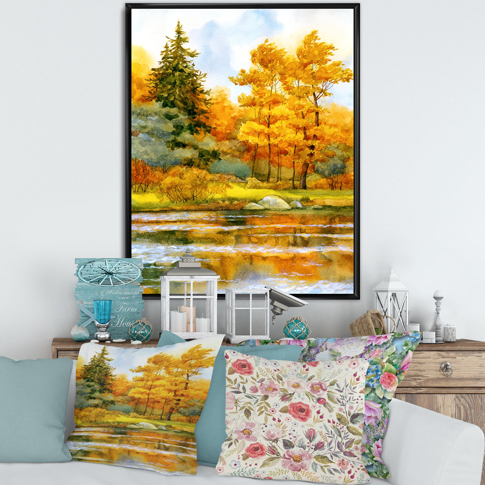 Autumn Forest By The Lake Side II 30 in x 40 in Framed Painting Canvas Art Print, by Designart