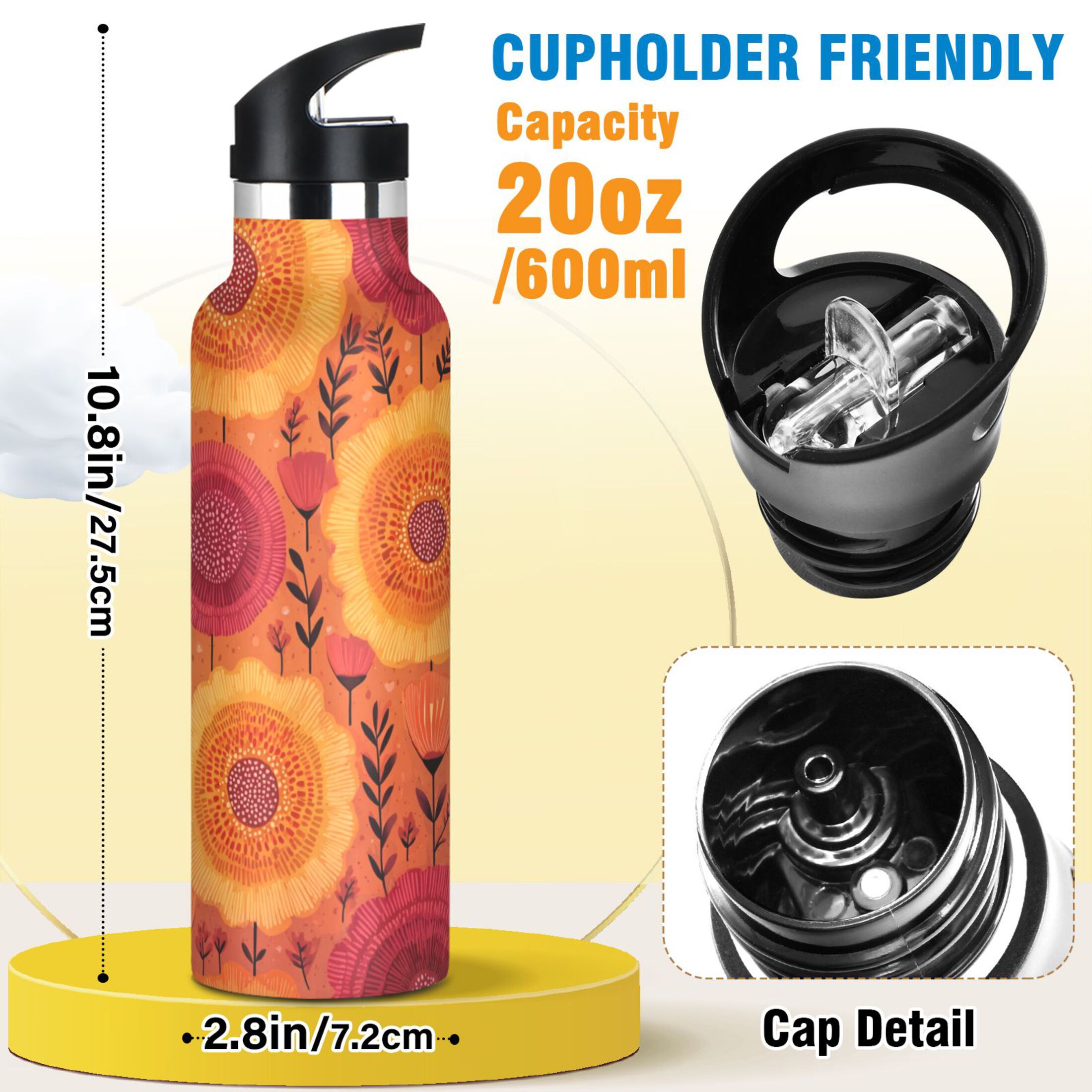 600ML Stainless Steel Insulated Cup Sports Water Bottle Portable Thermos Cup Water Glasses Insulated Tumblers Convenient and Durable Lovely Suns