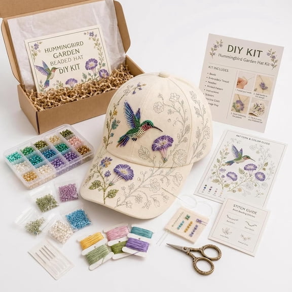 Hummingbird Beaded Hat DIY Kit, Beginner Floral Embroidery Craft Set w/Beads & Instructions, Gift for Women