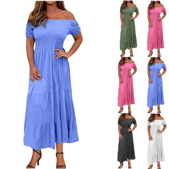 Antinious Summer Beach Dresses for Women,Casual Dresses for Women Solid Pleated Layered Short Sleeved Hem Dress,White,XXL