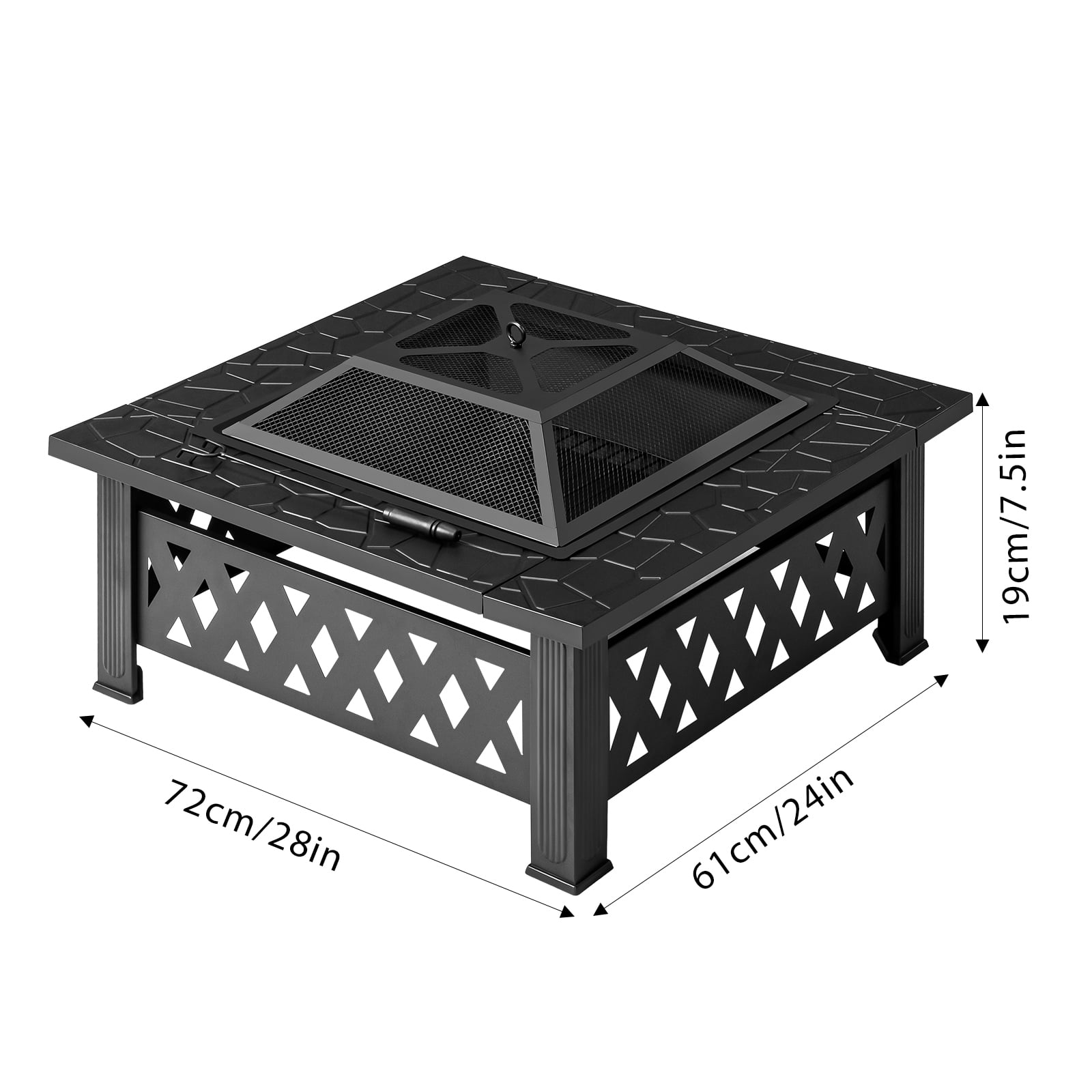 32 Inch Square Outdoor Wood Burning Fire Pit Table, Heavy Duty Wrought Iron Firepit with Pyramid Spark Screen Lid & Fire Poker, Decorative Diamond Cutout Patio Fire Pit for Backyard, Garden, Lawn