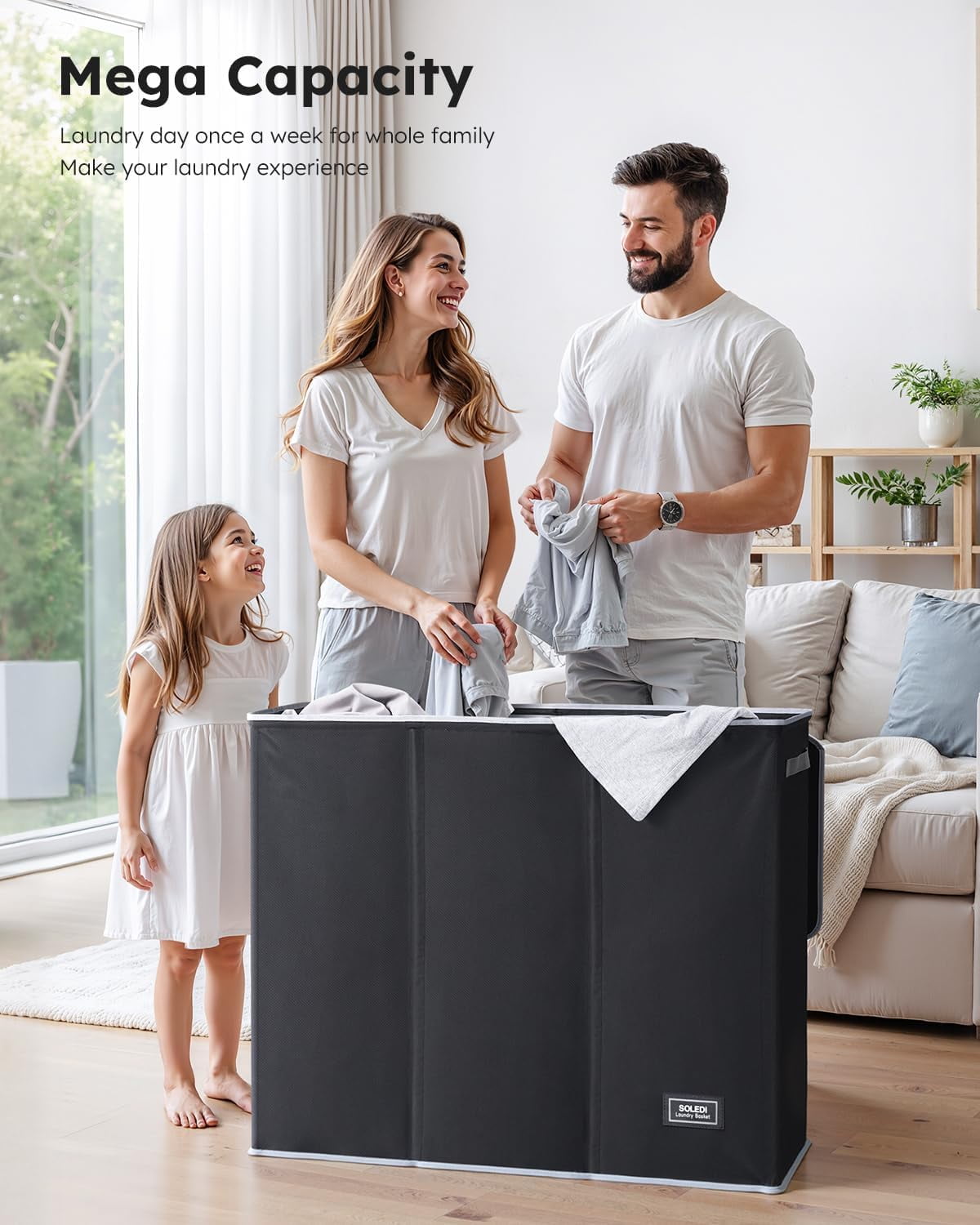 3 Section, Extra Large Laundry Hamper with Lid, Dirty Clothes Hamper with Sturdy Handle, Large Laundry Basket Organizer for Laundry Room, Bedroom, Hampers for Laundry