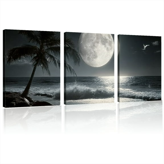 framed large picture, black and white ocean beach wall art, moon sea canvas print art, ocean painting seascape poster wall picture, landscape palm artwork for wall living room decor,12*16inch*3pcs