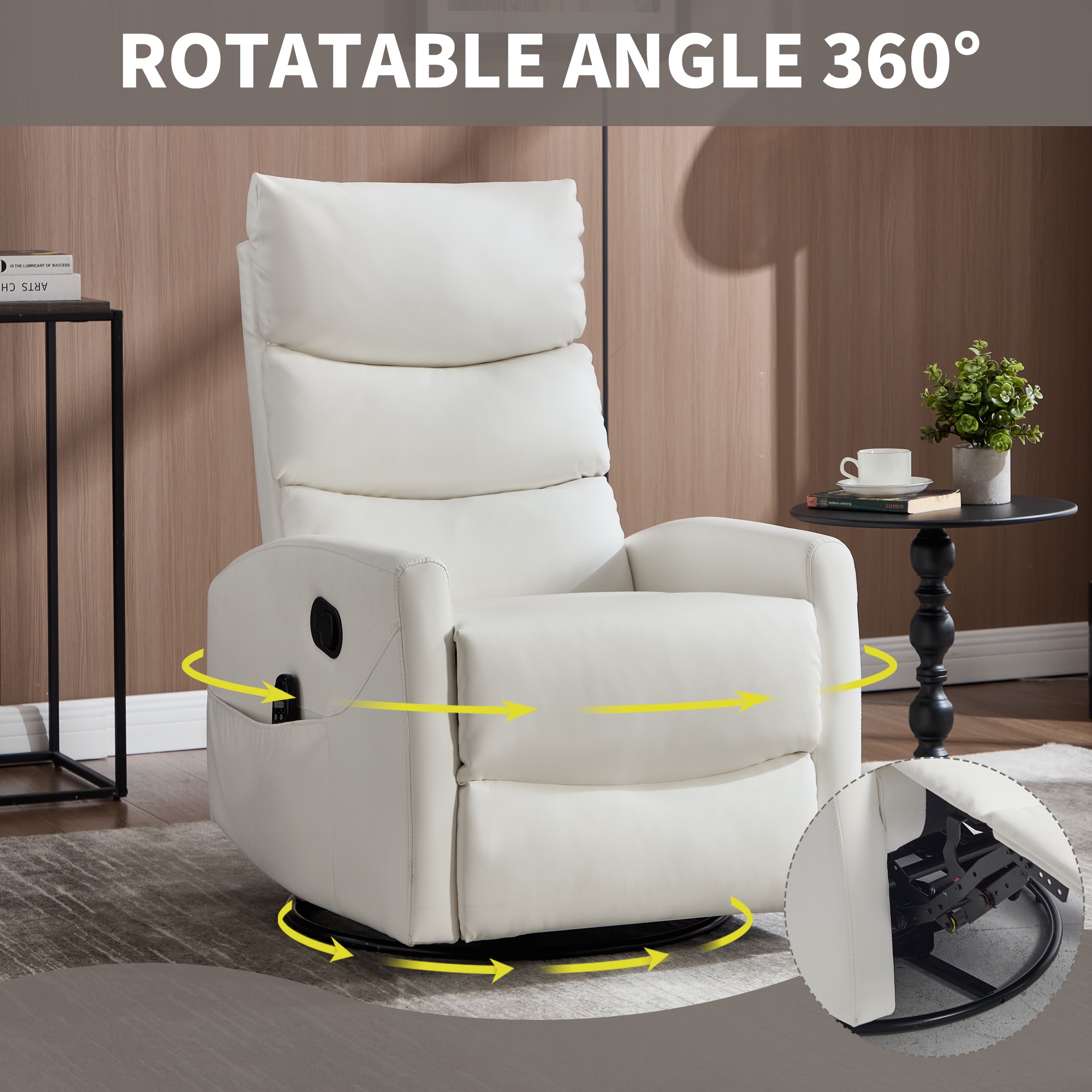 PAPROOS Rocker Recliner with Heat Therapy and Massage, PU Leather 360°Swivel Rocker Recliner, Rocking Chair for Nursery, Small Rocking Recliner, Manual Recliner for Home Theater Living Room, White