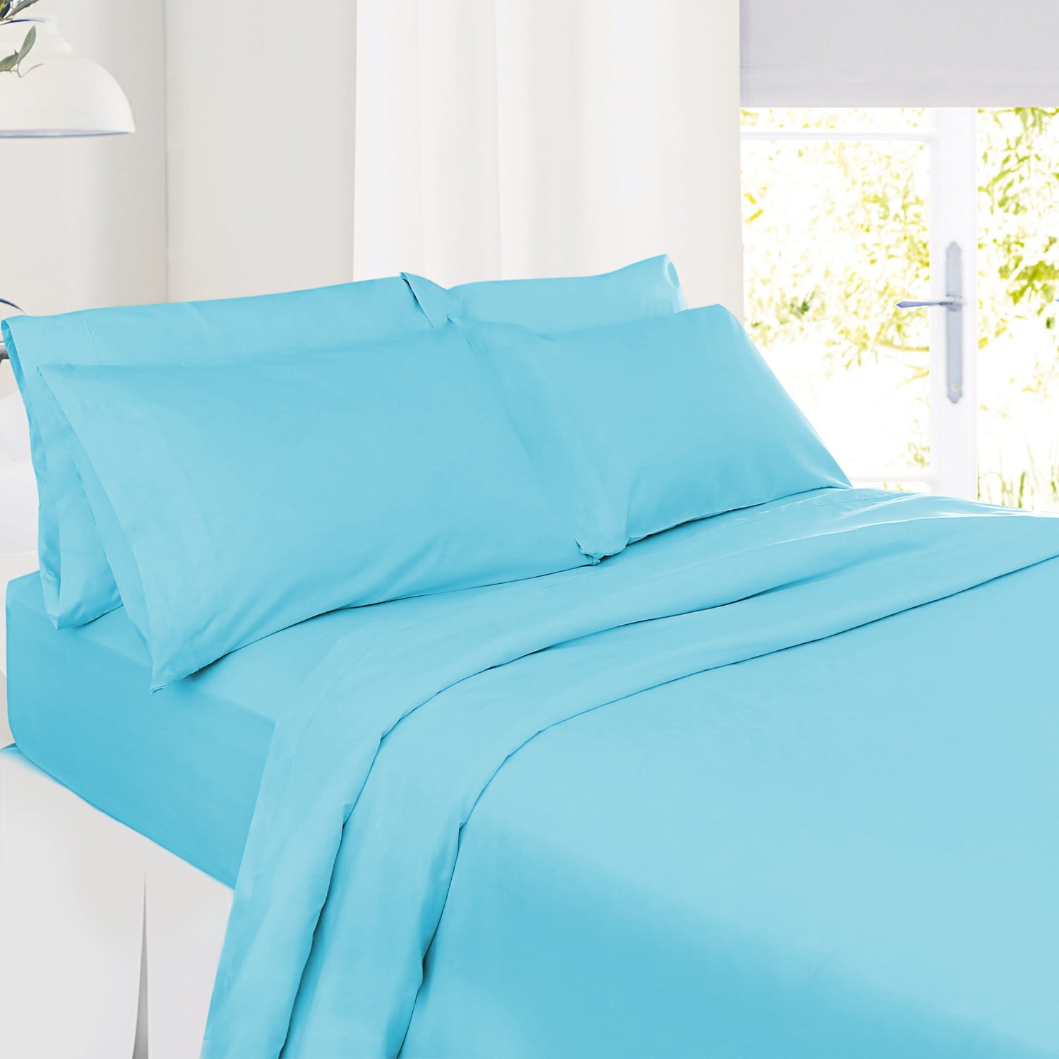 Extra Deep Pocket 6 Piece Bed Sheet Set – Super Deep Fitted Sheet Fits Mattress from 18-24 inces Depth – Double Brushed Microfiber Sheets with 4 Pillow Cases, King, Beach Blue