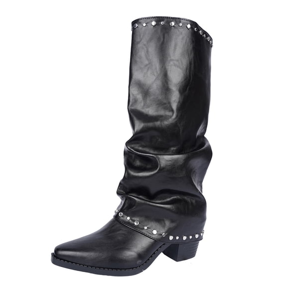 Women Knee High Boots Heel Pointed Toe Pull On Slouchy Wide Calf Tall Fashion Footwear