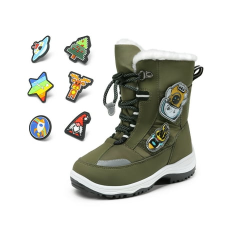 

BURUDANI Kids Snow Boots Interchangeable Accessories Mid Calf Non-Slip Boys Winter Shoes Olive Green Size 8