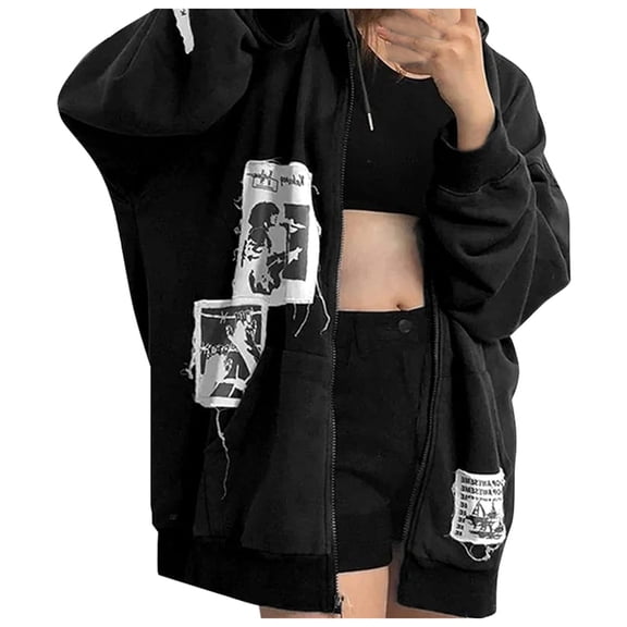 XIAONU Oversized Patch Hoodies For Women Distressed Graphic Full Zip Hoodie Edgy Streetwear Jacket