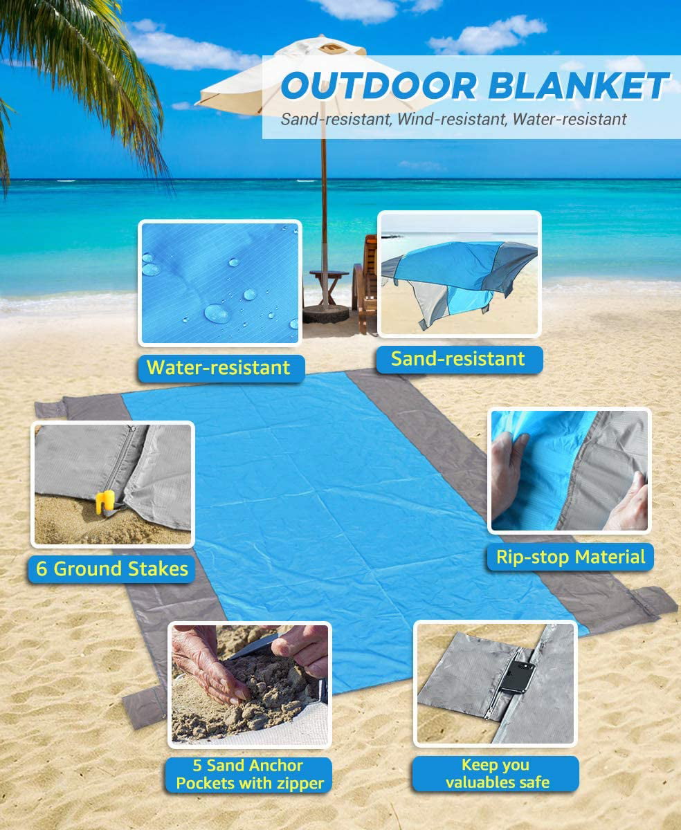 Beach Blanket Picnic Mat Waterproof Oversize 9X7.5/ Lightweight/Build in 6 Sand Anchors Valuables Pockets Plus 4 Plastic Ground Stakes/Multipurpose