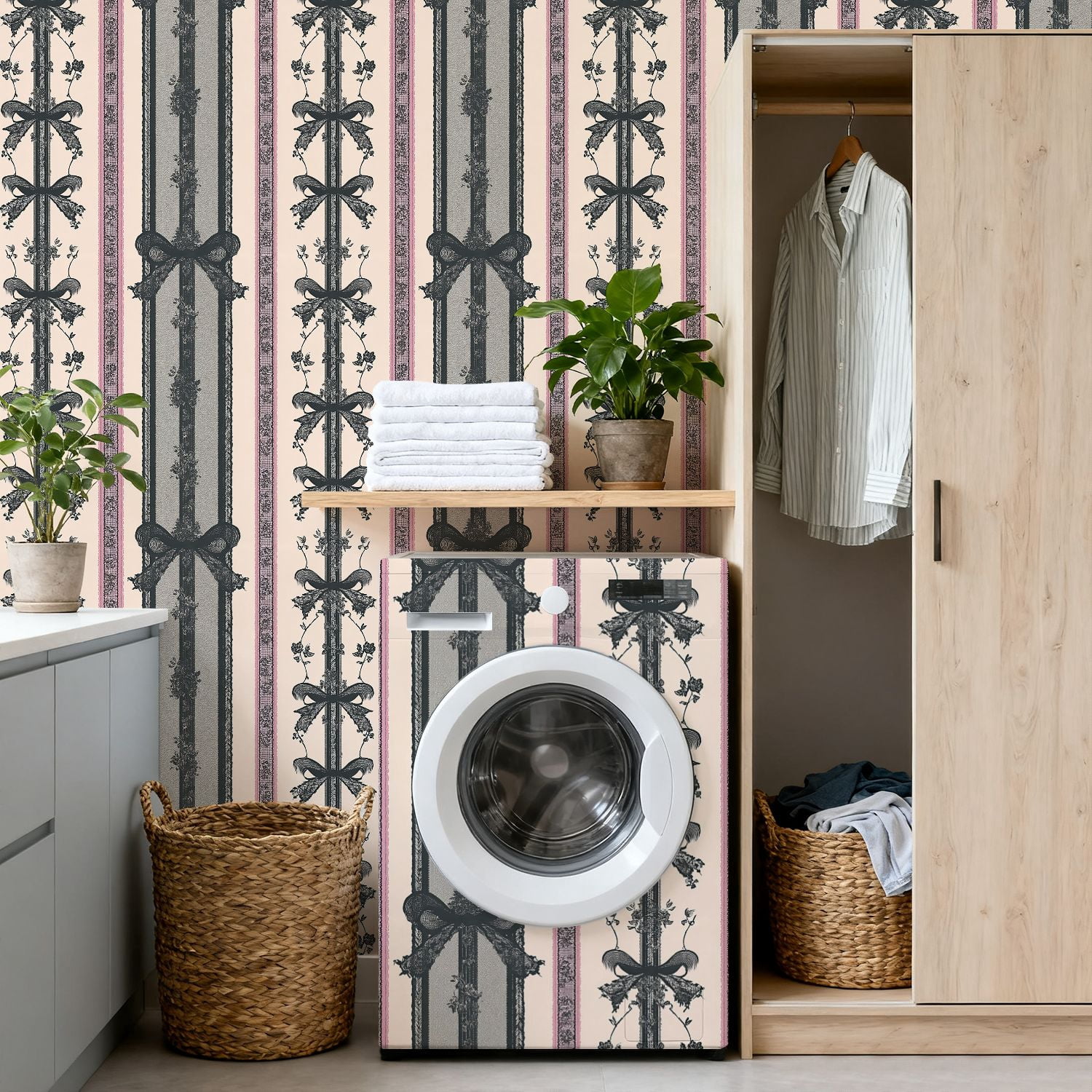 Peel and Stick Wallpaper Ornate Victorian Ribbon Floral Stripe Soft Pink Black Wall Mural 17.7in x 9.8ft Self Adhesive Removable Wall Paper Renter Friendly Wallpaper for Bedroom