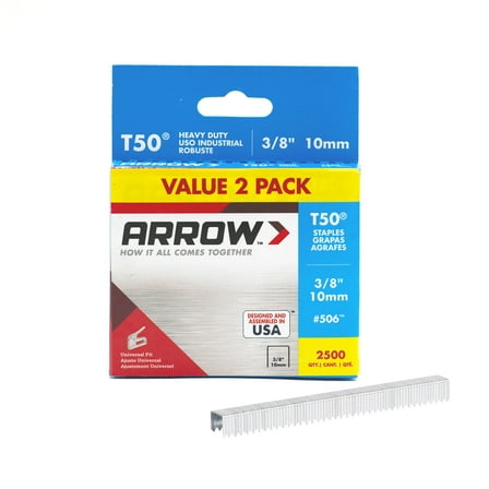 Arrow T50 3/8" Value 2-Pack Staples, 1250 Staples per Pack, New, For General Use and Heavy-Duty Applications