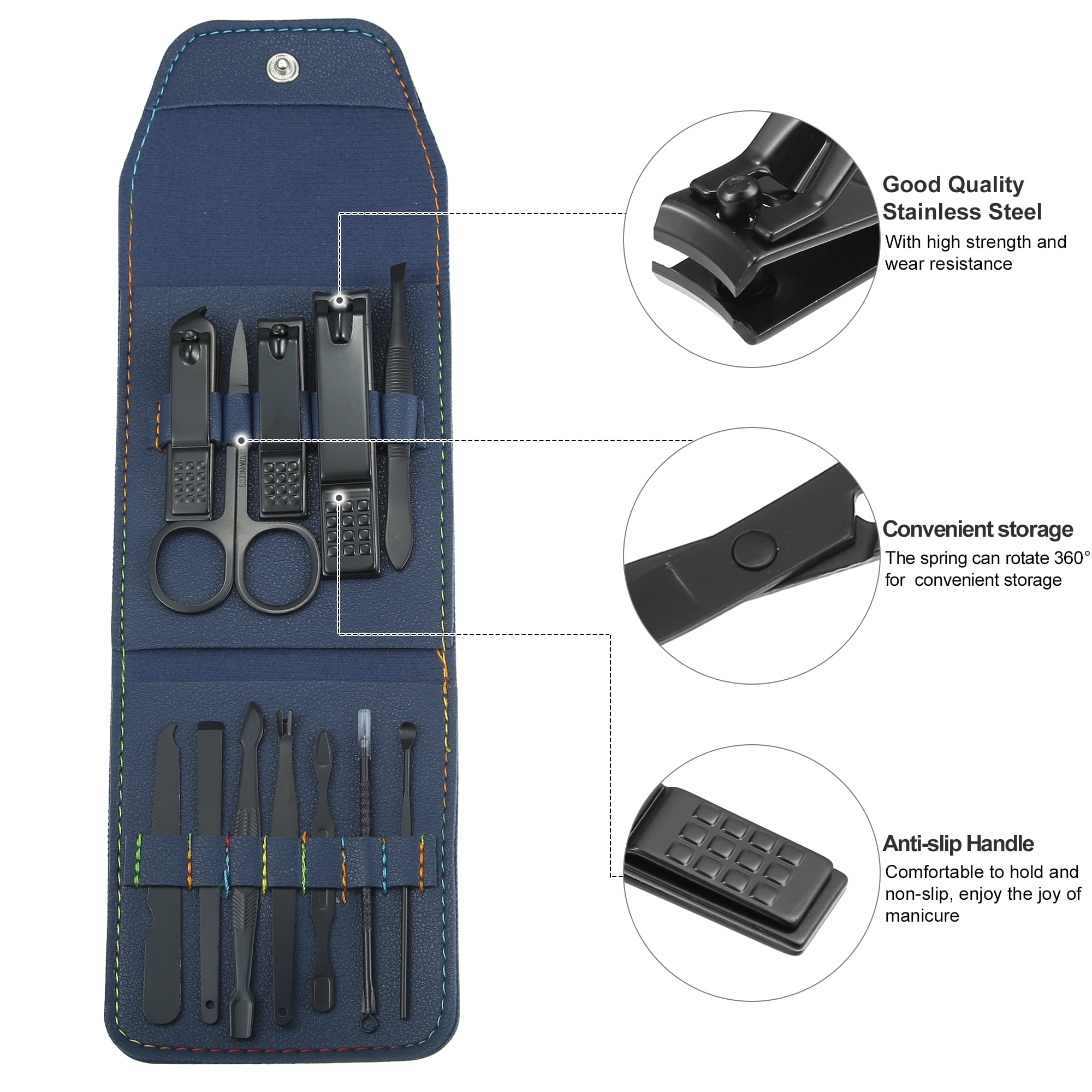 Unique Bargains 12 pcs Manicure Set with Blue PU Case Stainless Steel Personal Care Black