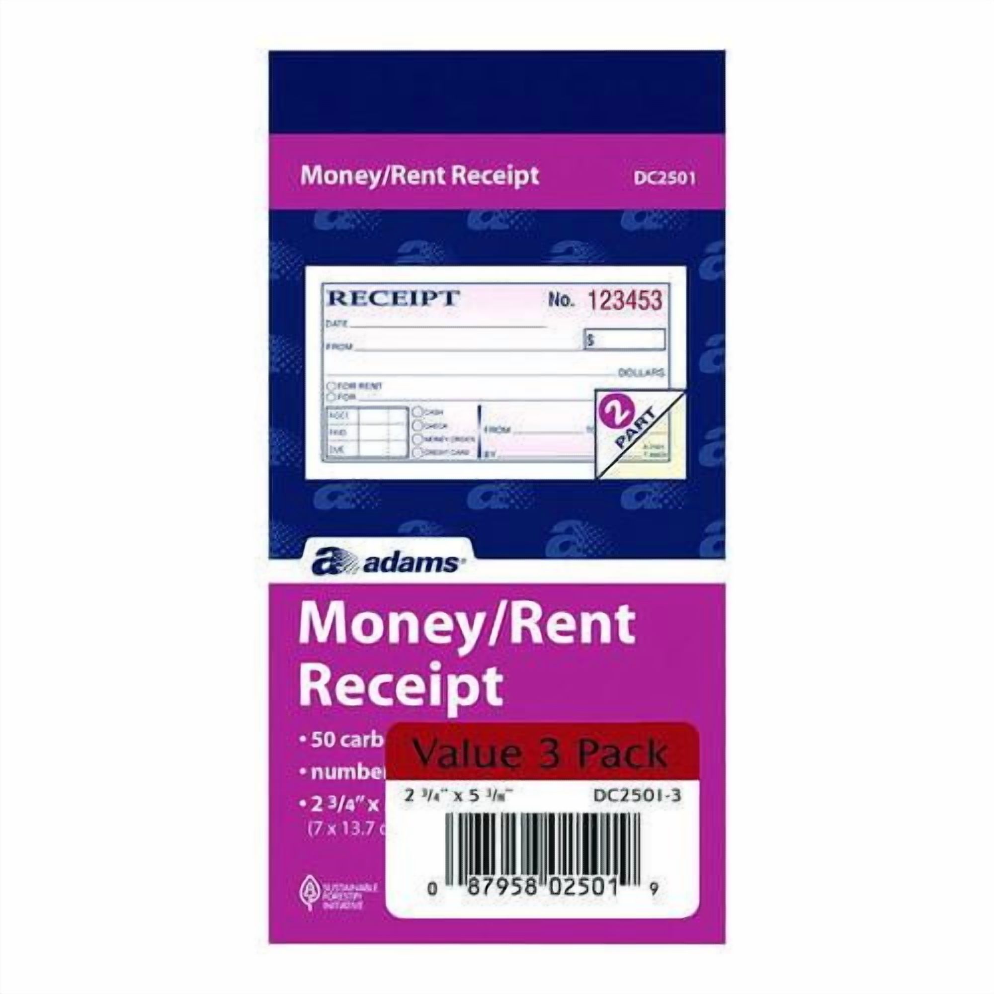 Money/Rent Receipt Book, Two-Part Carbonless, 4.88 x 2.75, 50 Receipts/Book, 3 Books/Pack | Bundle of 2