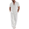 thumbnail image 2 of OIOLOYJM Men 2 Piece Outfit Linen Beach Short Sleeve Button Down Pocket Shirt and Elastic Waist Pajama Pants Casual Relaxed Fit Vacation Sleep Pj Sets White S, 2 of 6
