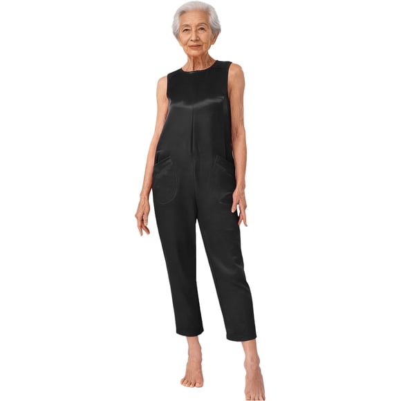 CHICTRY Alzheimer's Clothing Sleeveless Nursing Anti-strip Jumpsuit Zip Back Adaptive Overalls for Elderly Women Black M