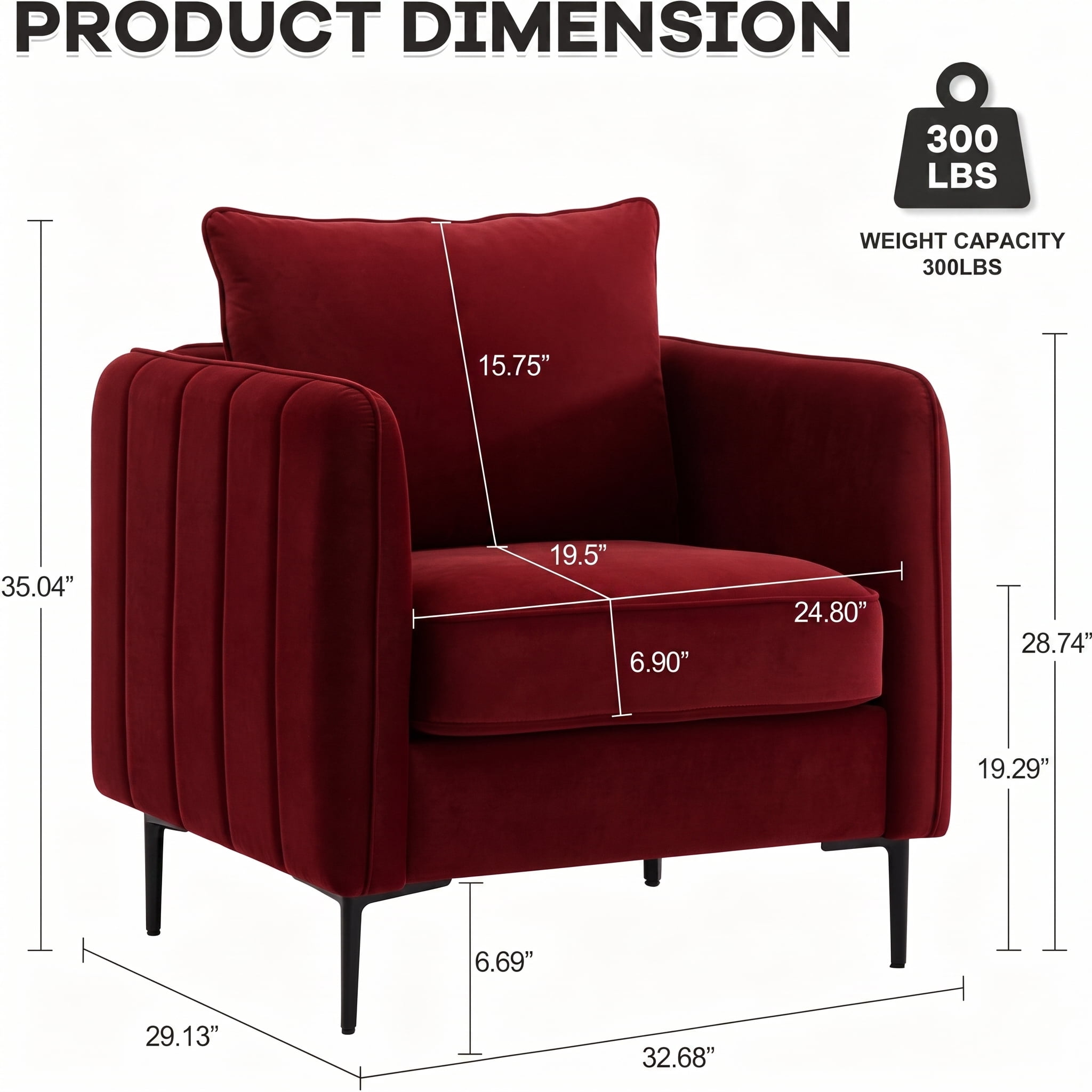 Aukfa Velvet Accent Chair with Channel-Tufted Arms, Modern Single Sofa Chair with Pillow & Metal Legs for Living Room & Bedroom, Burgundy Red