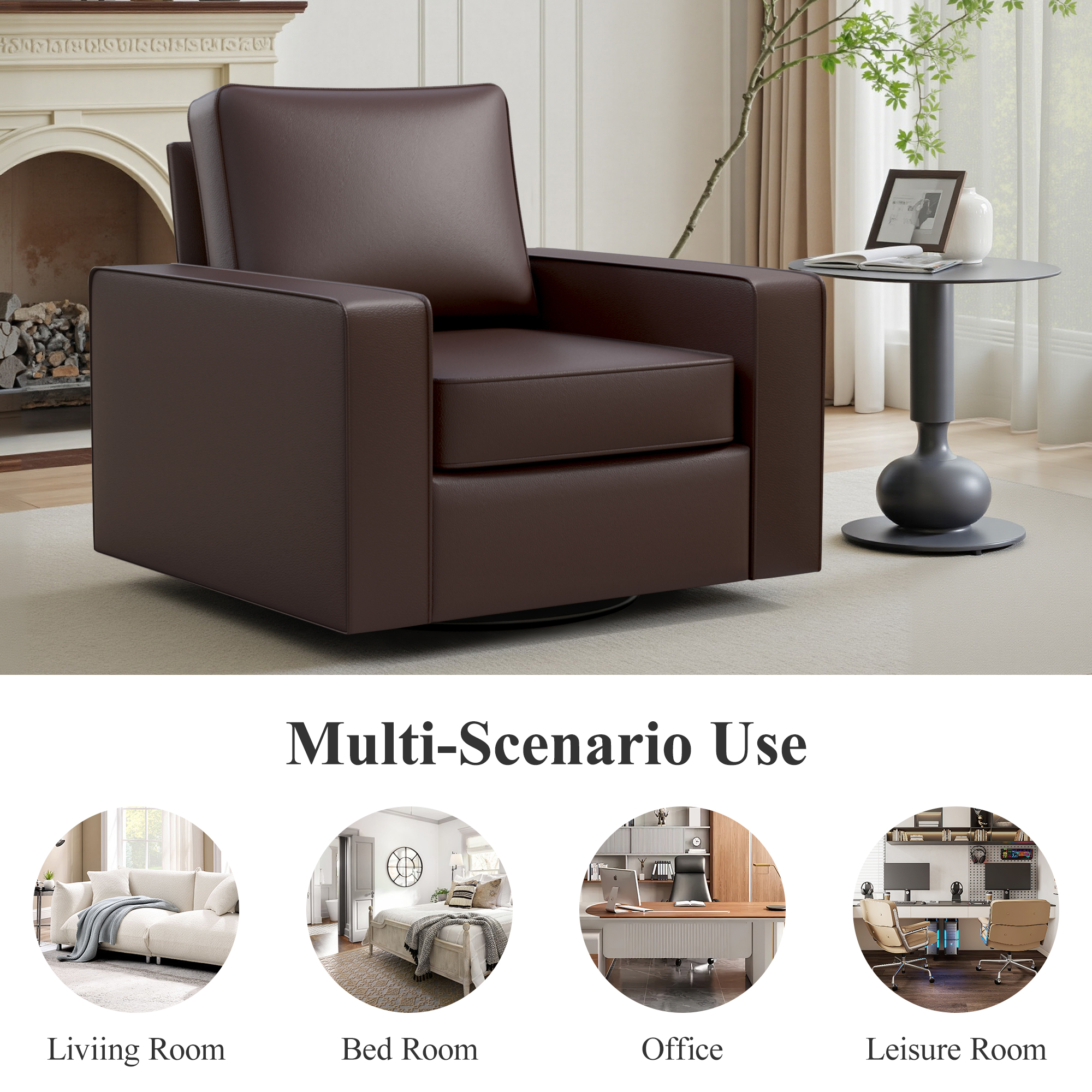 COOLHUT 360° Swivel Accent Chair Set of 2, 36.2" Wide PU Leather Accent Chair Armchair, Comfy Upholstered Single Sofa Chair for Living Room and Bedroom, Dark Brown