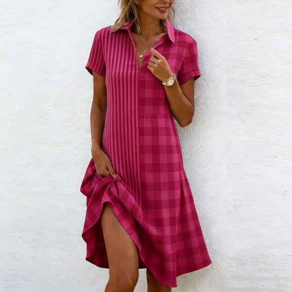 QUNYINEY A Line Casual Dresses for Women Short Sleeve Midi Summer Plaid Shirt Dress Flowy Vacation Collared Loose Fit Dresses