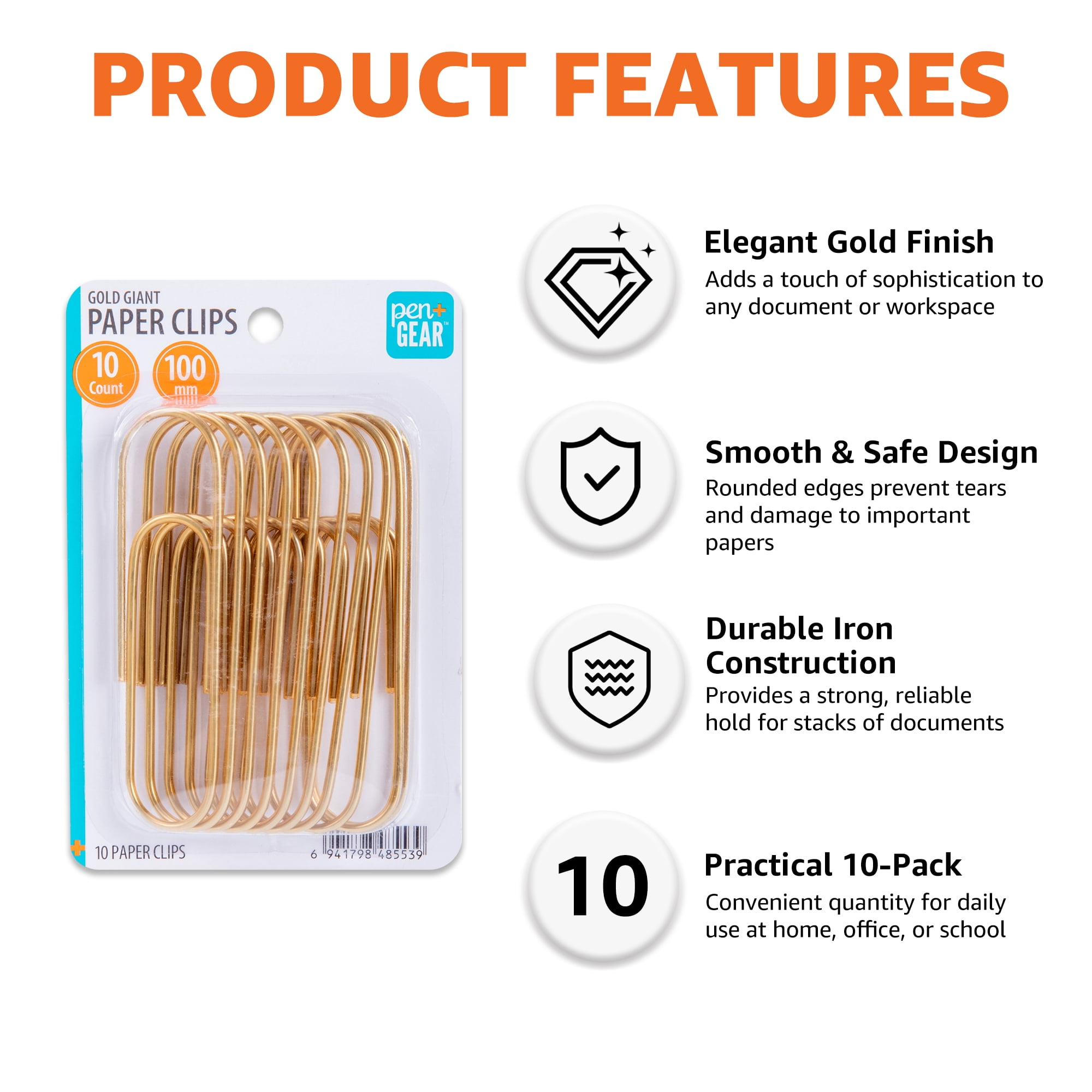 Pen+Gear Gold Paper Clips,10 Clips