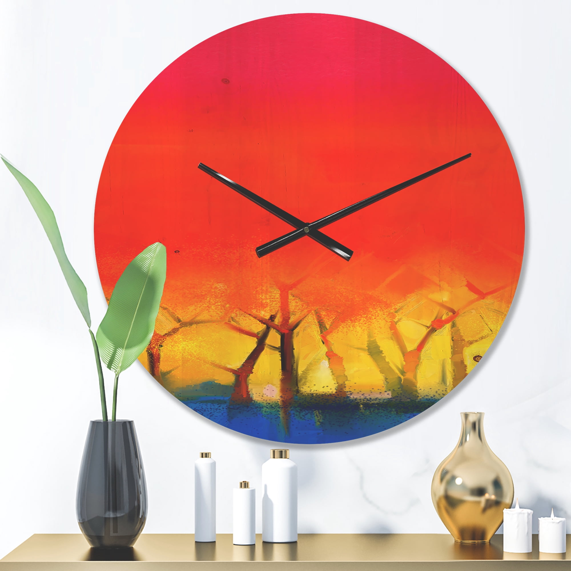 Designart 'Red Sky Spring Season and Tree' Modern Wood Wall Clock